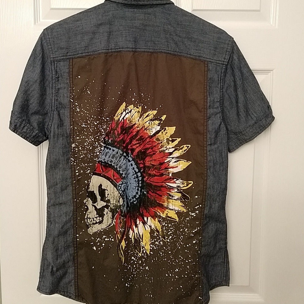 G by Guess blue jean button up short sleeve shirt